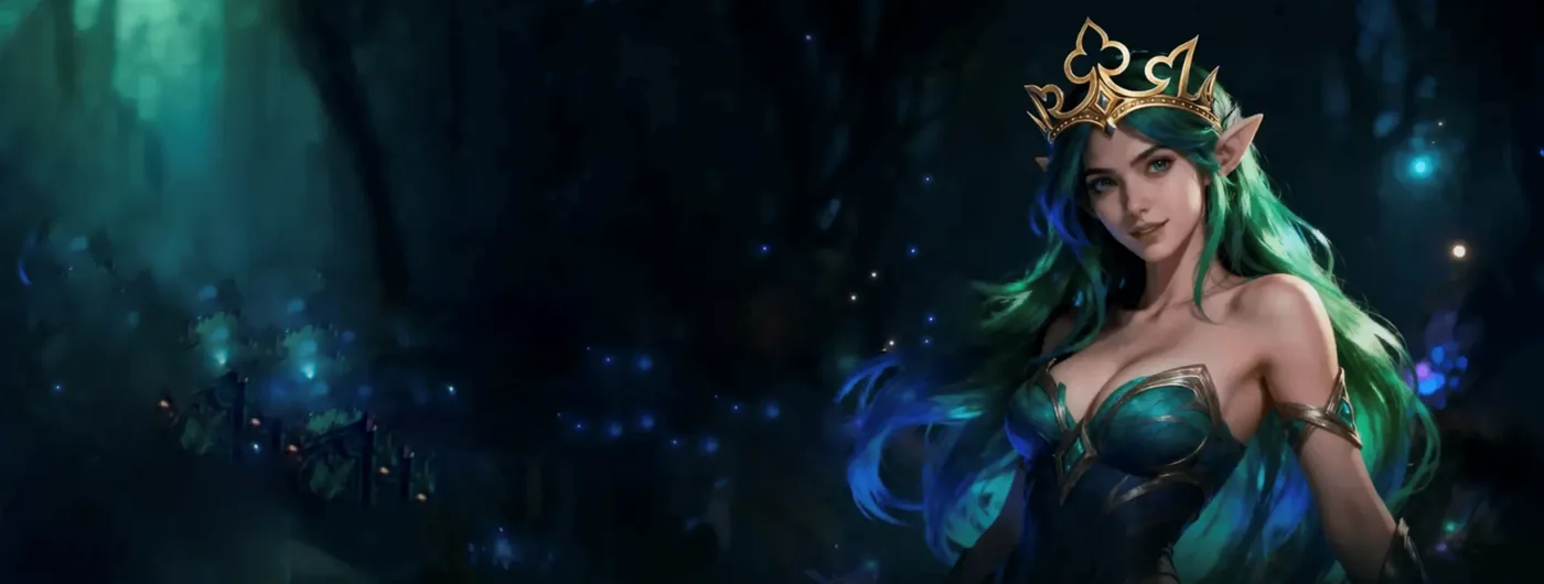 A fantasy elf queen wearing a golden crown, with flowing green and blue hair, standing in an enchanted dark forest lit by glowing blue fireflies